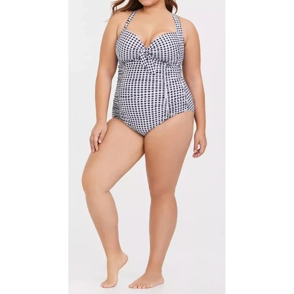 Torrid Navy Gingham Tie Front Wireless Ruched One-Piece Swimsuit Plus Size 4 4X - Picture 16 of 16